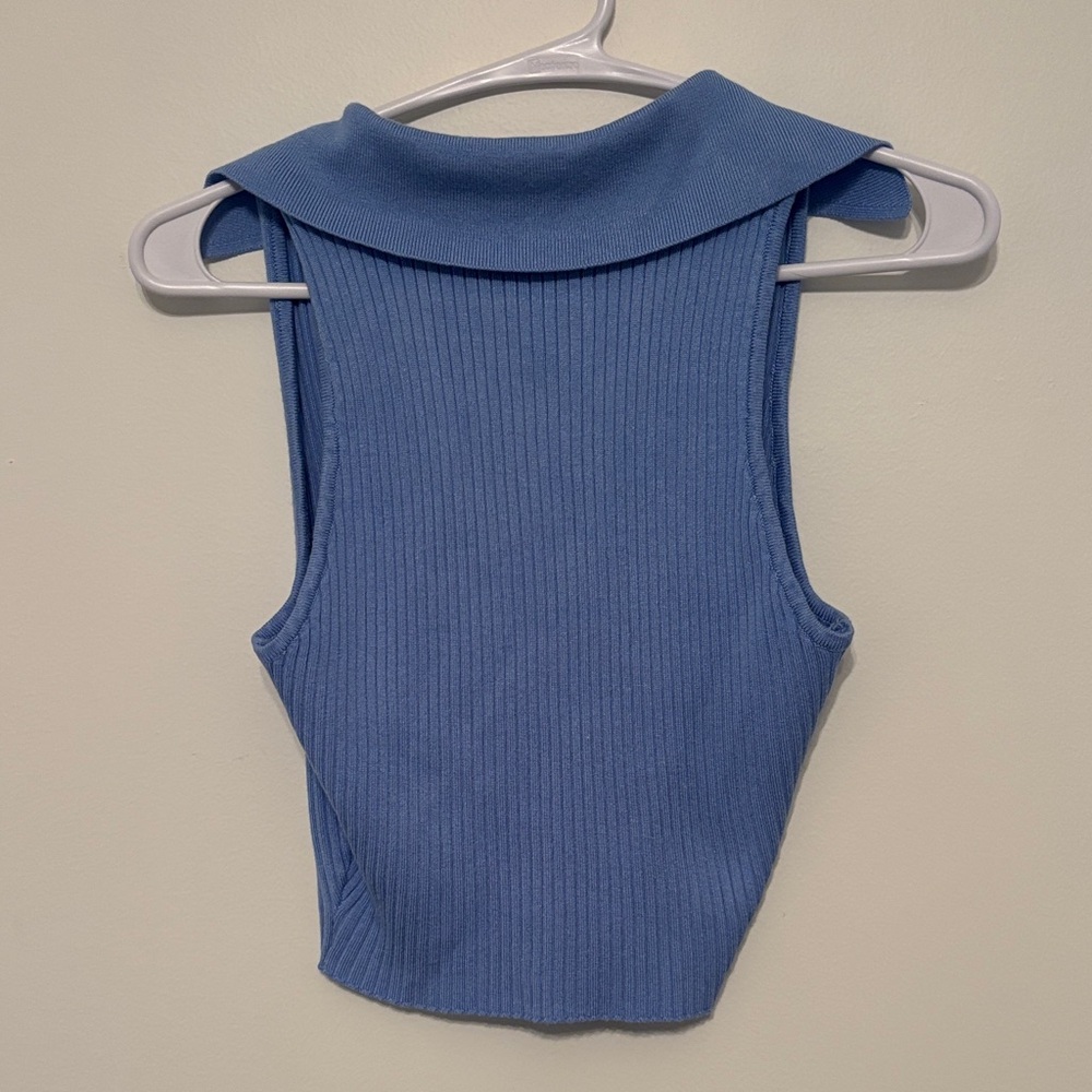 Blue Ribbed Collared Cropped Tank - Picture 3 of 3